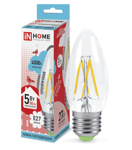 Лампа светодиодная LED-СВЕЧА-deco 5Вт 230В Е27 4000К 450Лм прозрачная IN HOME Лампа светодиодная LED-СВЕЧА-deco 5Вт 230В Е27 4000К 450Лм прозрачная IN HOME