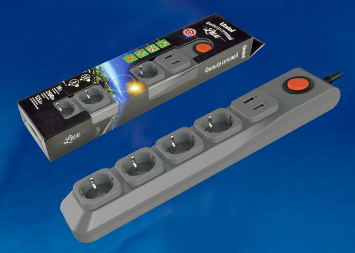 S-GSL5-3U GREY Cетевой фильтр серии Lux, 3м (Пвс 3*0,75), 4 гнезда, с/з, 1USB(1A). 10А. Защита от п S-GSL5-3U GREY Cетевой фильтр серии Lux, 3м (Пвс 3*0,75), 4 гнезда, с/з, 1USB(1A). 10А. Защита от п
